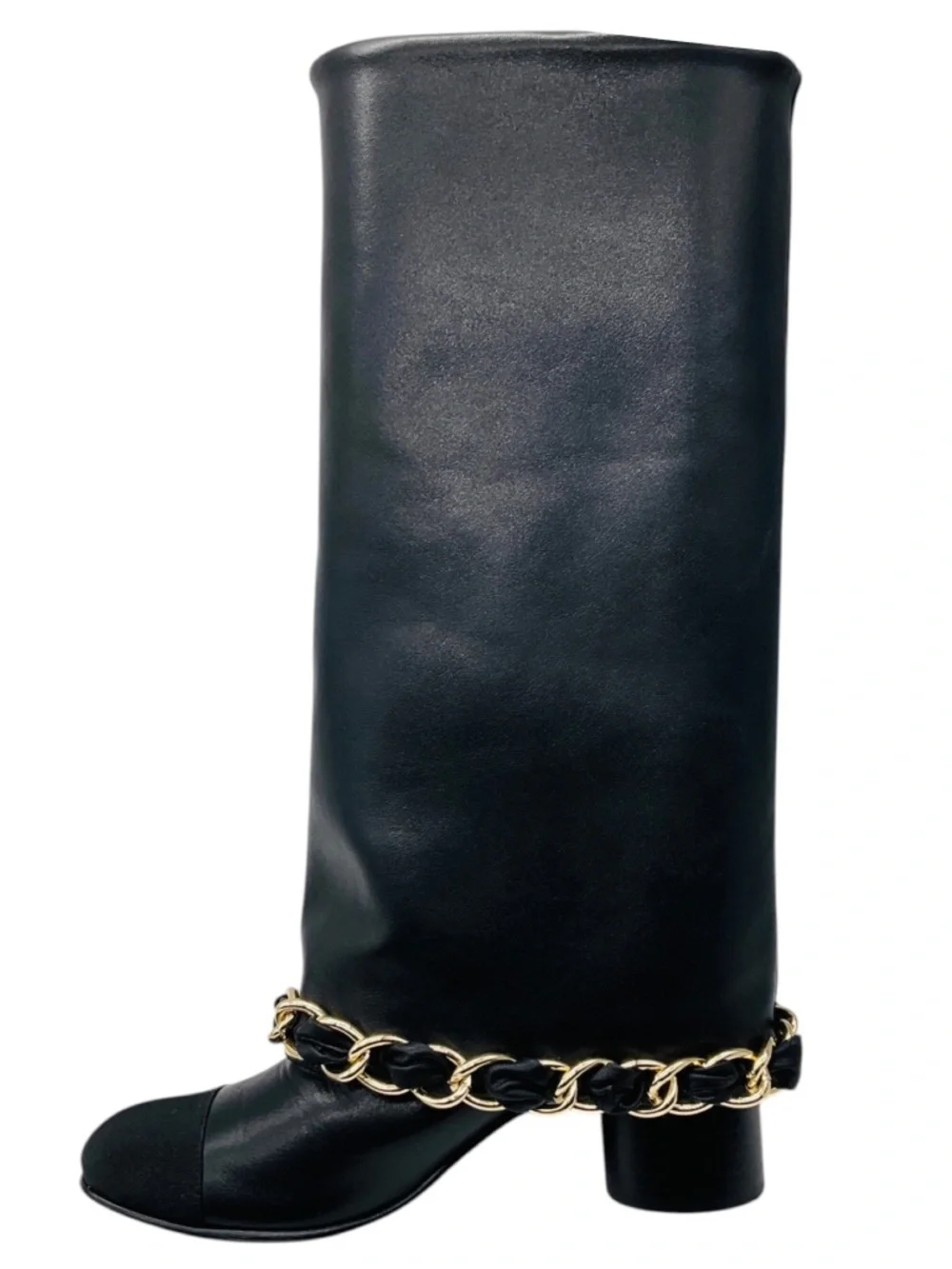CHANEL BLACK CC LOGO EMBROIDERED TALL LEATHER BOOTS WITH GROSGRAIN CAP TOE AND G